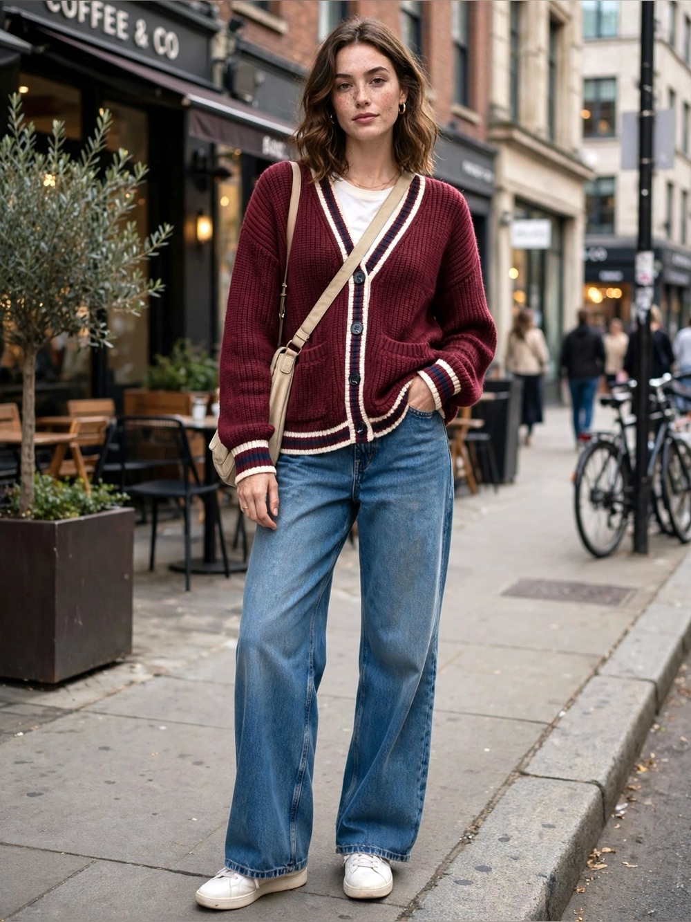 ZARA Varsity Stripe Chunky Knit Cardigan – Burgundy - Sz S